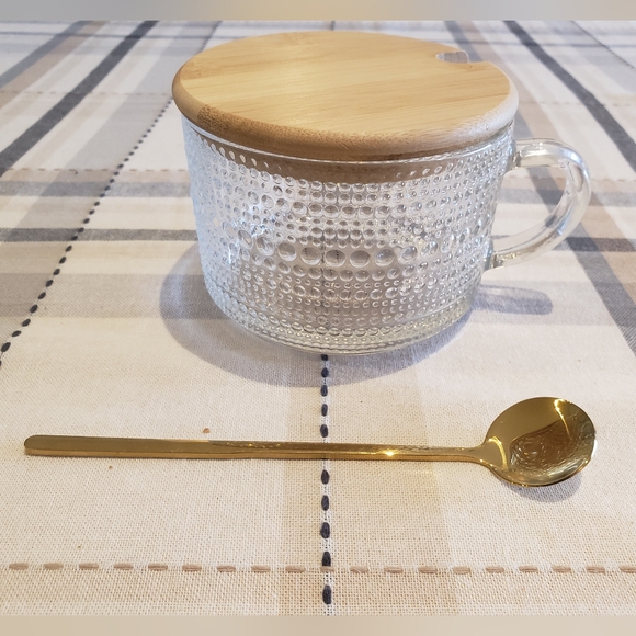 14oz. Vintage Glass Coffee Mug with Golden Spoon and Bamboo Lid - Picture 11 of 16